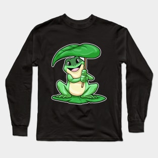 Frog on Leaf with Umbrella Long Sleeve T-Shirt